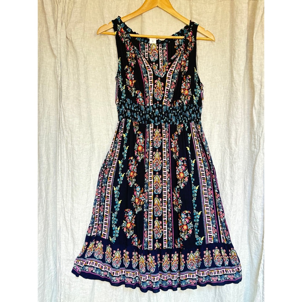 Bila Boho Dress Small Floral Paisley Rayon Smocked‎ Waist Sleeveless